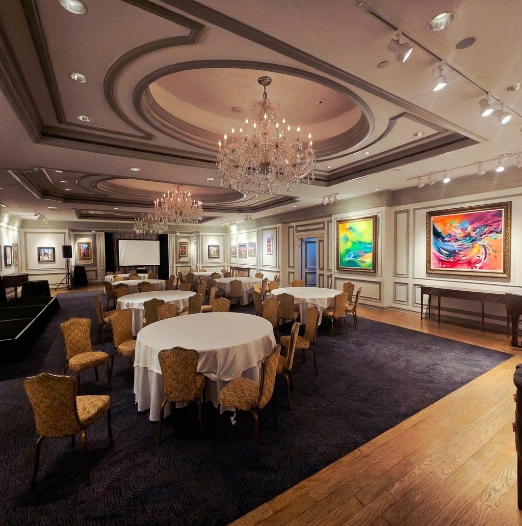 Staging: Régine Gardan paintings displayed in a reception hall during an event