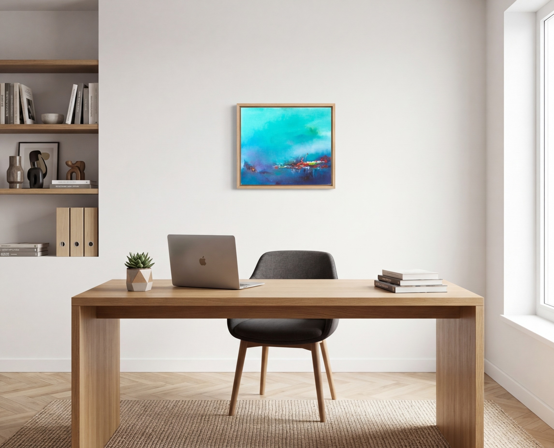 Blue abstract painting Mirage Brumeux staged above a sofa