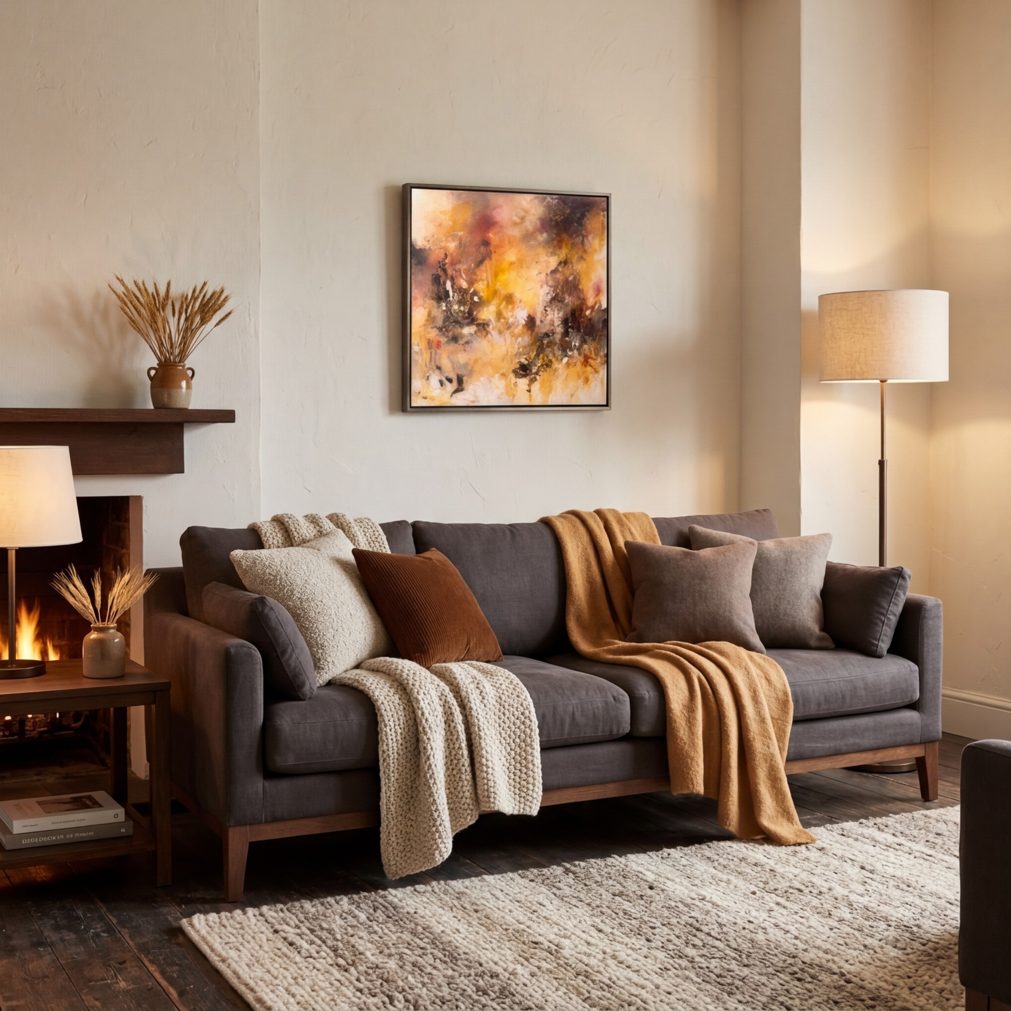 Yellow abstract painting Feu de Camp staged in a warm living room