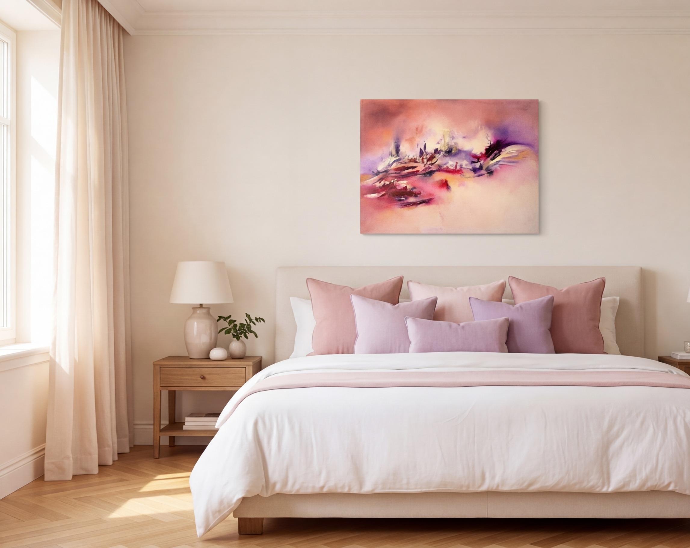 Cuadro abstracto rosa Illusion Magique ambientado en un interior contemporáneo